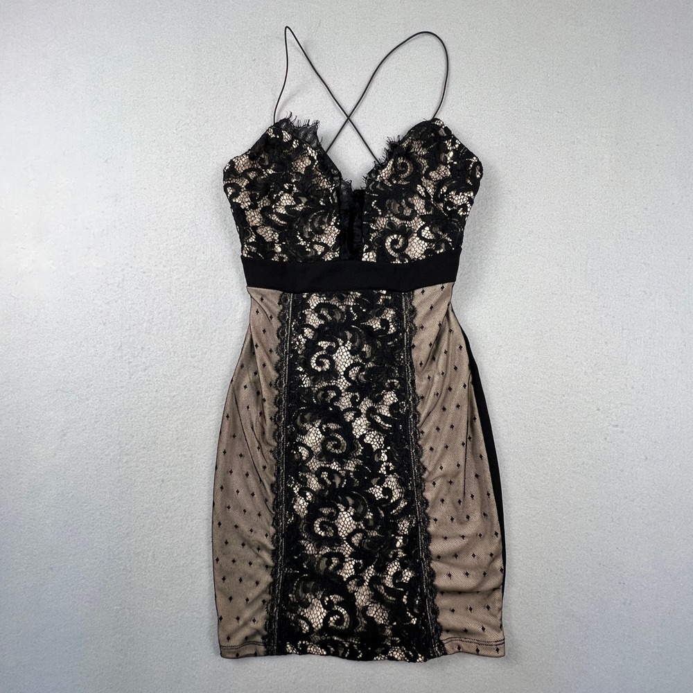 Mind Code Lace Bodycon Dress Womens Small Black Nude Floral Mesh Cocktail Party